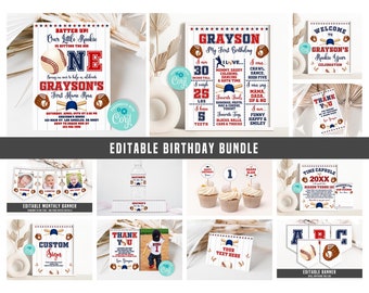 Editable Baseball First Birthday Bundle Rookie Of The Year Party Decor Corjl Template