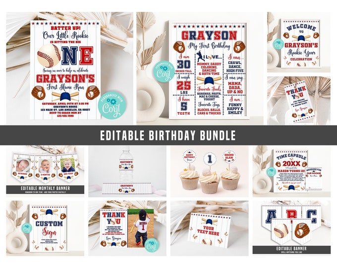 Rookie of the Year First Birthday Invitation Bundle, Editable Baseball ...