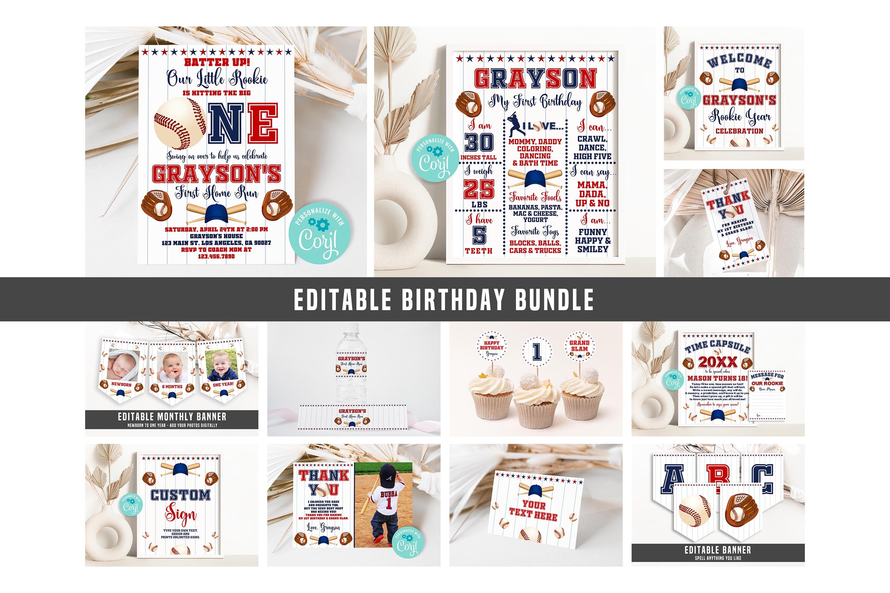 Editable Baseball First Birthday Bundle Rookie of the Year Party Decor ...