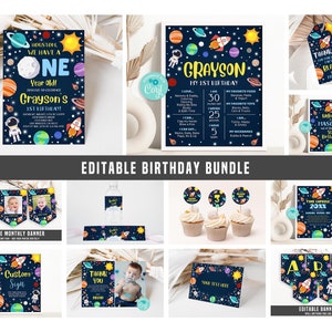 Space First Birthday Invitation Bundle: Outer Space Party Decorations (Printable Template)