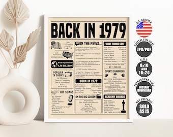 Back in 1979 Sign, Birthday Newspaper Poster, Birthday Gift for Women or Men, Born in 1979 Birthday Decorations Printable Instant Download