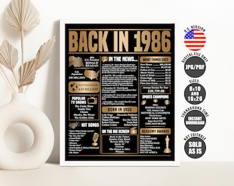 1986 Year You Were Born Poster: Gold Back in 1986 Sign (Digital Download)