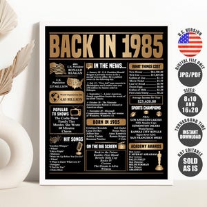 Gold Back in 1985 Poster, 1985 Year You Were Born Sign, What Happened in 1985 Poster, Born in 1985 Sign Printable Instant Download