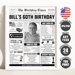 60th Birthday Newspaper Poster: 1965 Printable Sign (Digital Download)