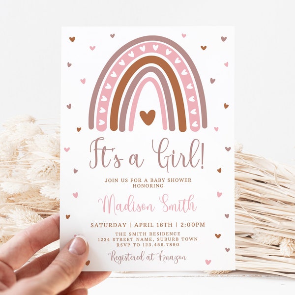 Boho Rainbow Girl Baby Shower Invitation, It's a Girl Invite Editable Template