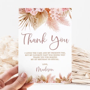 Boho Birthday Thank You Card, Pampas Grass 1st Birthday Decorations, Bohemian Thank You Note Editable Template