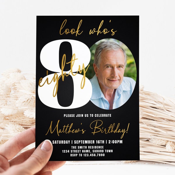 Look Who's 80 Invitation, 80th Birthday Invitation for Men, Male 80th Birthday Party Invite with Photo Editable Template