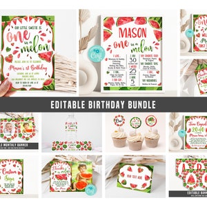 Watermelon 1st Birthday Bundle, One in a Melon Birthday Party Invitation Package, Watermelon Birthday Party Set Editable