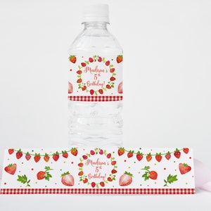 Strawberry Birthday Bottle Label: Berry Sweet Party Decor (Editable Template)