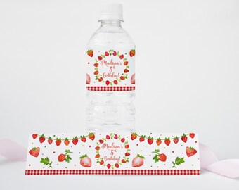 Editable Strawberry Water Bottle Labels Berry Sweet Girl Birthday Party Template Corjl