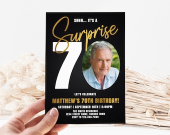 Surprise 70th Birthday Invitation for Men, Look Who's 70, Male 70th Birthday Party Invite with Photo Editable Template