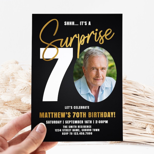 Surprise 70th Birthday Invitation for Men, Look Who's 70, Male 70th Birthday Party Invite with Photo Editable Template