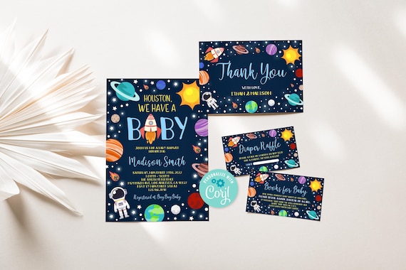 Space Baby Shower Invitation Set: Planets, Astronaut (editable