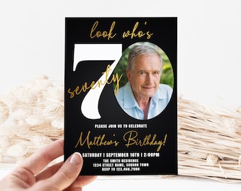 70th Birthday Invitation for Him: Elegant Gold Script (Digital Download, 5x7" Editable Template)