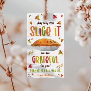 May include: A rectangular white gift tag with a jute string loop, featuring a watercolor pie illustration and the text Any way you SLICE IT we are GRATEFUL for you! THANKS FOR ALL YOU DO! From, Madison, surrounded by small colorful autumn leaves.