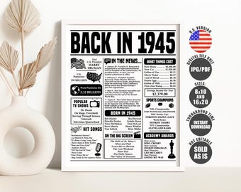 1945 Year You Were Born Poster: Back in 1945 Sign (Digital Download)