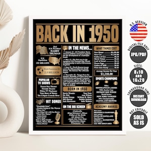Gold Back in 1950 Poster, 1950 Year You Were Born Sign, What Happened in 1950 Poster, Born in 1950 Sign Printable Instant Download