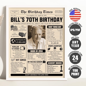 70th Birthday Newspaper Poster, Back in 1955 Sign, 70th Birthday Gift, Born in 1955 Poster Printable Digital Download