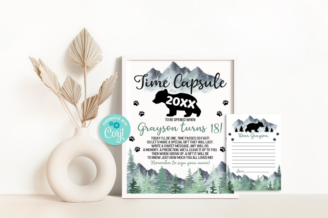 Editable Adventure Time Capsule Sign, Bear Woodland Mountain Birthday ...