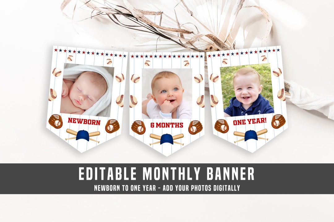 Editable Baseball Monthly Banner, Baseball 1st Birthday Photo Banner ...