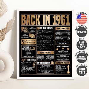 Gold Back in 1961 Poster 1961 Year You Were Born Sign What Happened in 1961 Poster Born in 1961 Sign Printable Instant Download