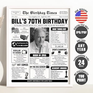 70th Birthday Newspaper Poster, Back in 1955 Sign, 70th Birthday Gift, Born in 1955 Poster Printable Digital Download
