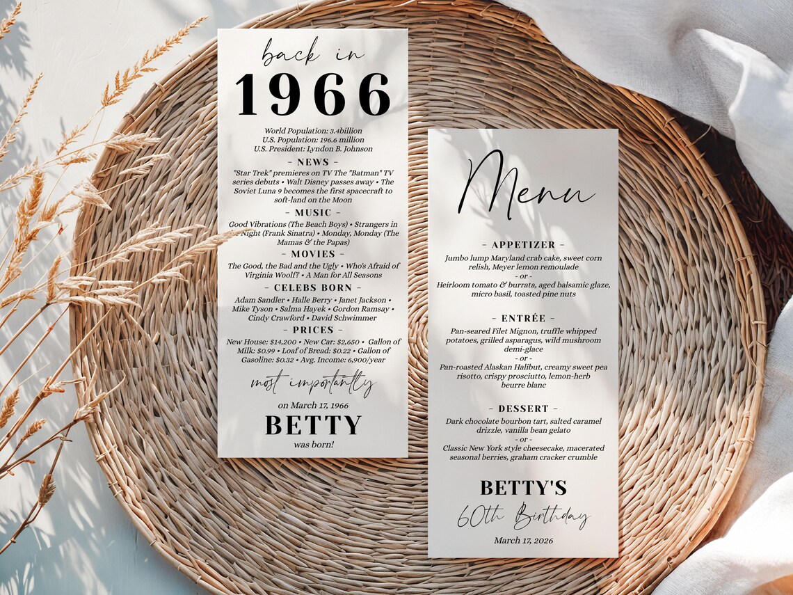 60th Birthday Menu Card, Back in 1966 Trivia Template, Editable 4x9 ...