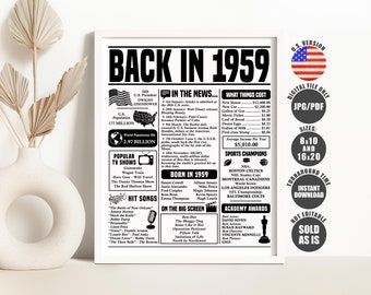 Back in 1959 Sign, 1959 Year You Were Born Poster, What Happened in 1959 Poster, Born in 1959 Sign Printable Instant Download