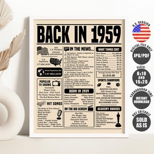Back in 1959 Sign, Birthday Newspaper Poster, Birthday Gift for Women or Men, Born in 1959 Birthday Decorations Printable Instant Download