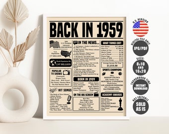 Back in 1959 Sign, Birthday Newspaper Poster, Birthday Gift for Women or Men, Born in 1959 Birthday Decorations Printable Instant Download