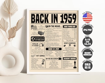 Back in 1959 Newspaper Poster PRINTABLE 1959 PRINTABLE Birthday Sign ...