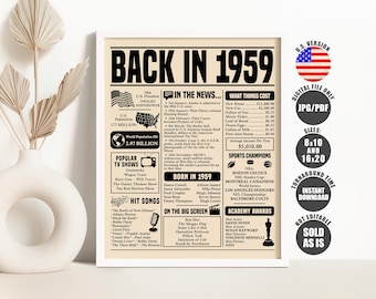 Back in 1959 Sign, Birthday Newspaper Poster, Birthday Gift for Women or Men, Born in 1959 Birthday Decorations Printable Instant Download