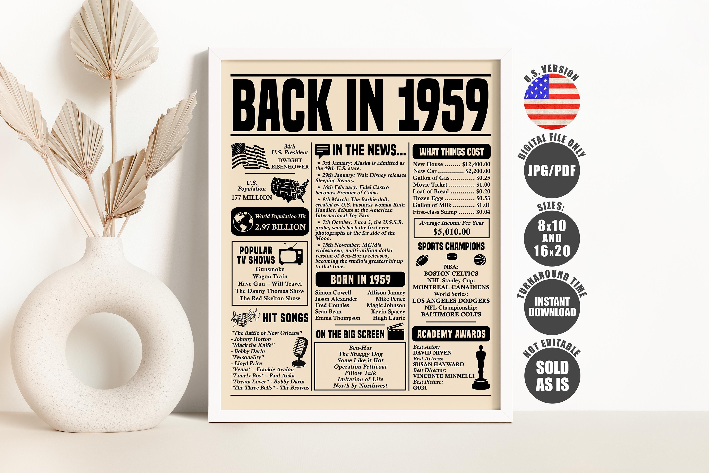 1959 Birthday Newspaper Poster: Vintage Birthday Gift (PDF & JPEG