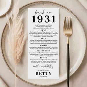 May include: A decorative plate with a gold and black fork, and a white card with black text. The card lists events from 1931, including news, music, movies, and celebrity births. The card also mentions the birth of Betty.