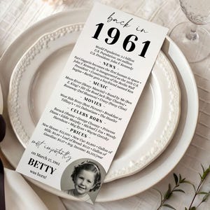 May include: A white card with black text, placed on a white plate, details events from 1961, including news, music, movies, and celebrity births. A small photo of a girl is at the bottom, with the text "BETTY was born!"