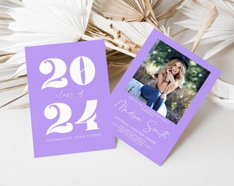 Lavender Graduation Invitation, Senior Graduation Announcement, Photo Graduation Party Invite Editable Template