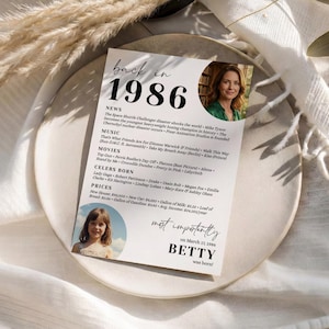 May include: A personalized birthday print on a white card, featuring the year 1986, news headlines, music, movies, and celebrities born that year. Includes two circular photos and the name "BETTY".