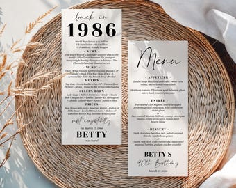 40th Birthday Menu Card, Back in 1986 Trivia Template, Editable 4x9 Dinner Party Decor