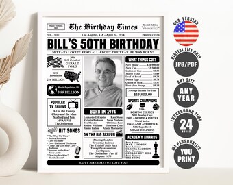 Back in 1974 PRINTABLE Newspaper Poster PRINTABLE 50th Birthday ...
