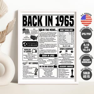 Back in 1965 Poster, 1965 Year You Were Born Sign, What Happened in 1965 Poster, Born in 1965 Sign Printable Instant Download