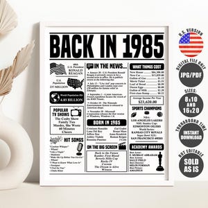 Back in 1985 Poster, 1985 Year You Were Born Sign, What Happened in 1985 Poster, Born in 1985 Sign Printable Instant Download