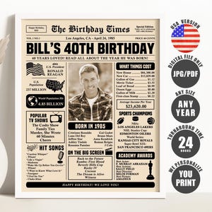 40th Birthday Newspaper Sign, Back in 1985 Poster, 40th Birthday Gift, What Happened in 1985 Printable Digital Download