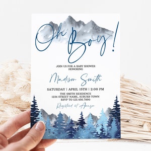 Mountains Baby Shower Invitation: Navy Blue Woodland Theme (Editable Template)