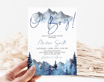 Mountains Boy Baby Shower Invitation, Navy Blue Forest Woodland Baby Shower Invite, Adventure Boy Baby Shower Invitation Editable Template