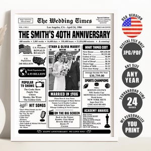 Może przedstawiać: Oprawiony czarno-biały plakat w stylu gazety zatytułowany The Wedding Times, przedstawiający 40. rocznicę ślubu Smithów, zdjęcie ślubne z 1986 roku, fakty historyczne, popularne programy telewizyjne, przeboje i mistrzów sportu.