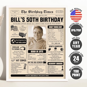 50th Birthday Newspaper Sign: 1975 Printable Poster (Digital Download)