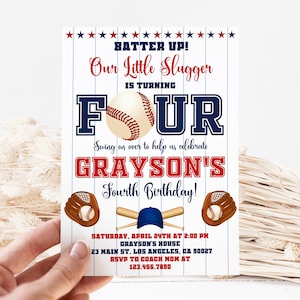 Editable Baseball 4th Birthday Party Invitation, Little Slugger Birthday Invite Template