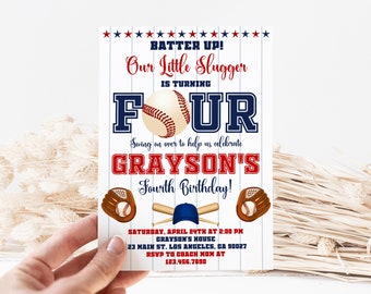 Editable Baseball 4th Birthday Party Invitation, Little Slugger Birthday Invite Template