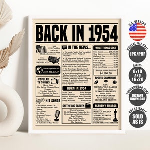 Back in 1954 Sign, Birthday Newspaper Poster, Birthday Gift for Women or Men, Born in 1954 Birthday Decorations Printable Instant Download