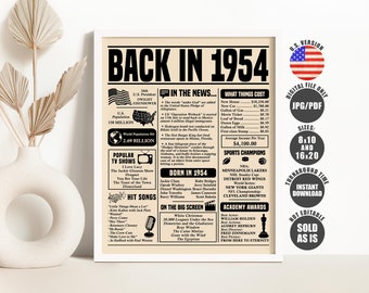 Back in 1954 Sign, Birthday Newspaper Poster, Birthday Gift for Women or Men, Born in 1954 Birthday Decorations Printable Instant Download